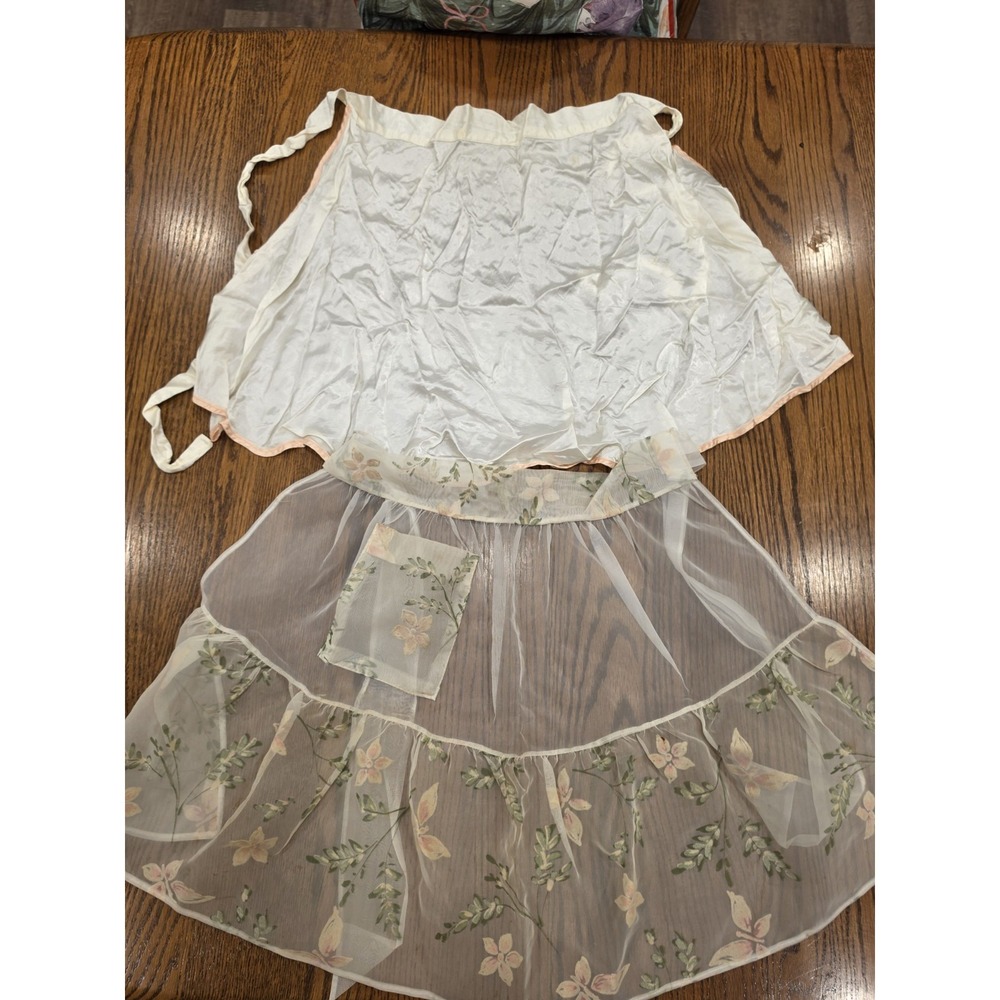 Set Of 2 Vintage Hostess Half Apron Floral Organza Sheer Tie Waist Cottagecore